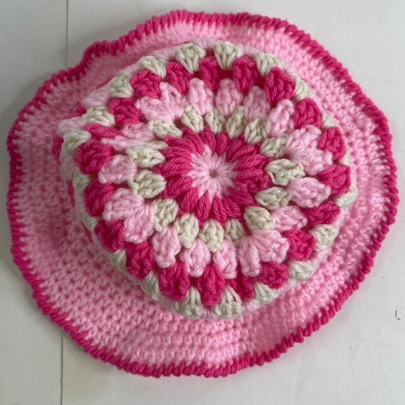 Crochet Bucket Hat Granny Square Pattern Pink and White Adult Size Handmade main image 6